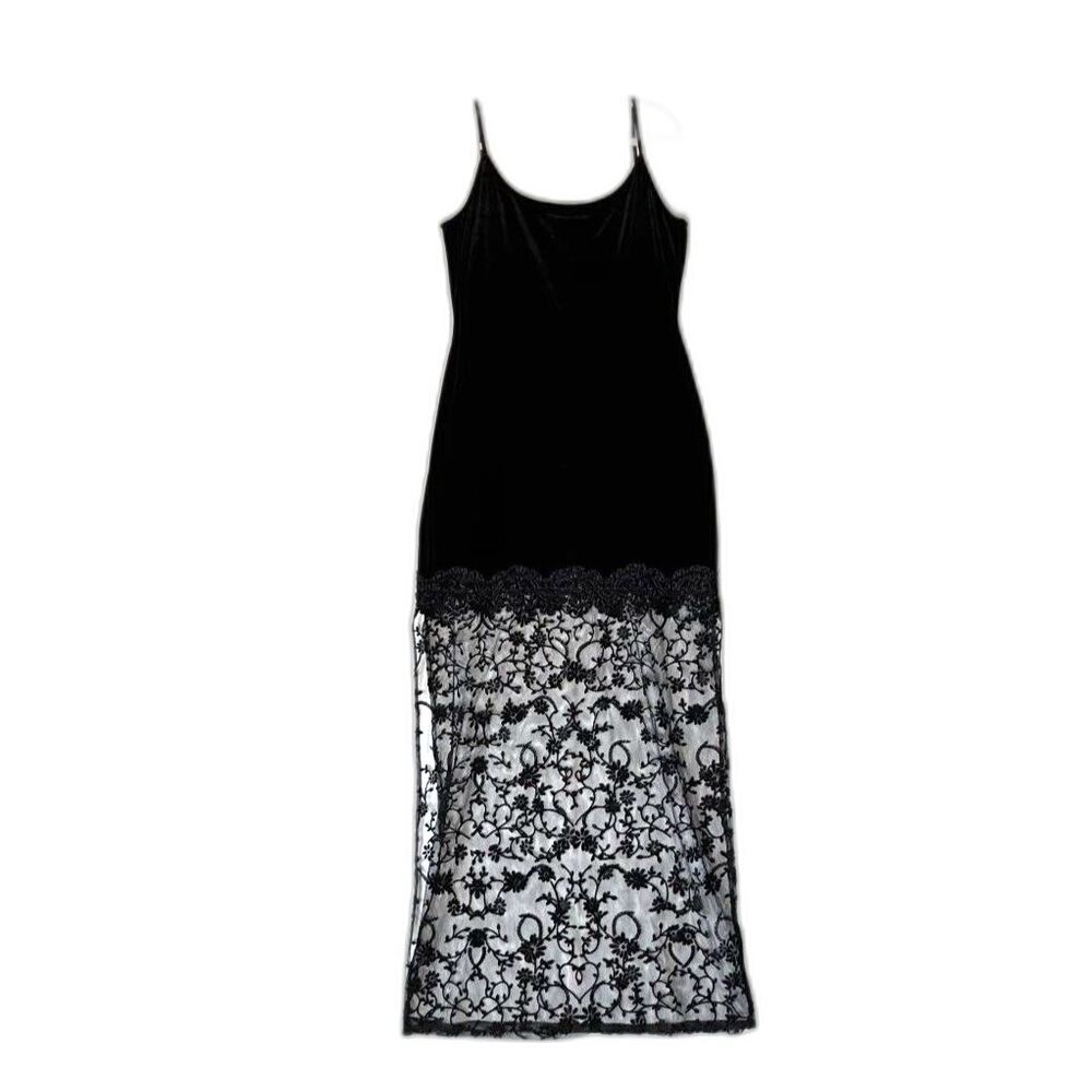 Size 14 Y2K Vintage Morgan & Co black velvet dress sheer burnout velvet (10447)